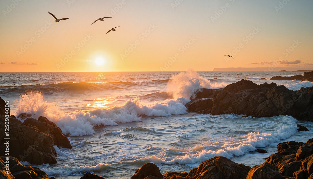 Obraz premium Sunrise over rocky coastline waves crashing, nature's beauty