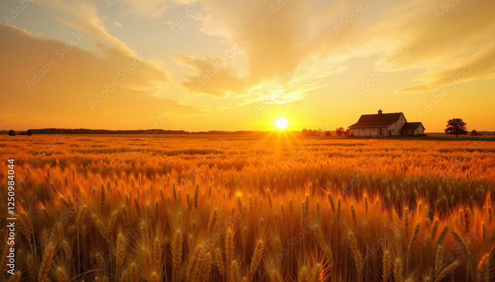 Fototapeta premium Golden wheat field at sunset with farmhouse, serene countryside