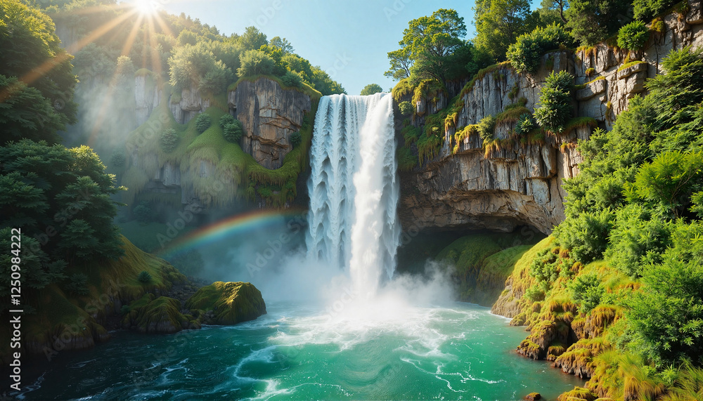 Fototapeta premium Majestic waterfall cascading down rocky cliff, vibrant nature