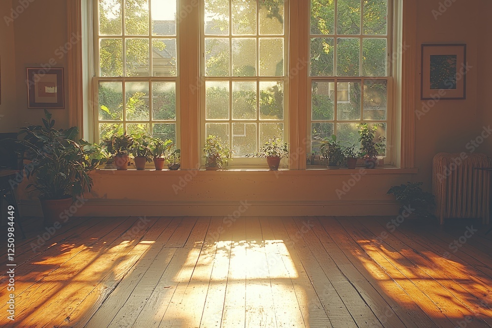 Fototapeta premium Sunlight streams through a large window illuminating a wooden floor