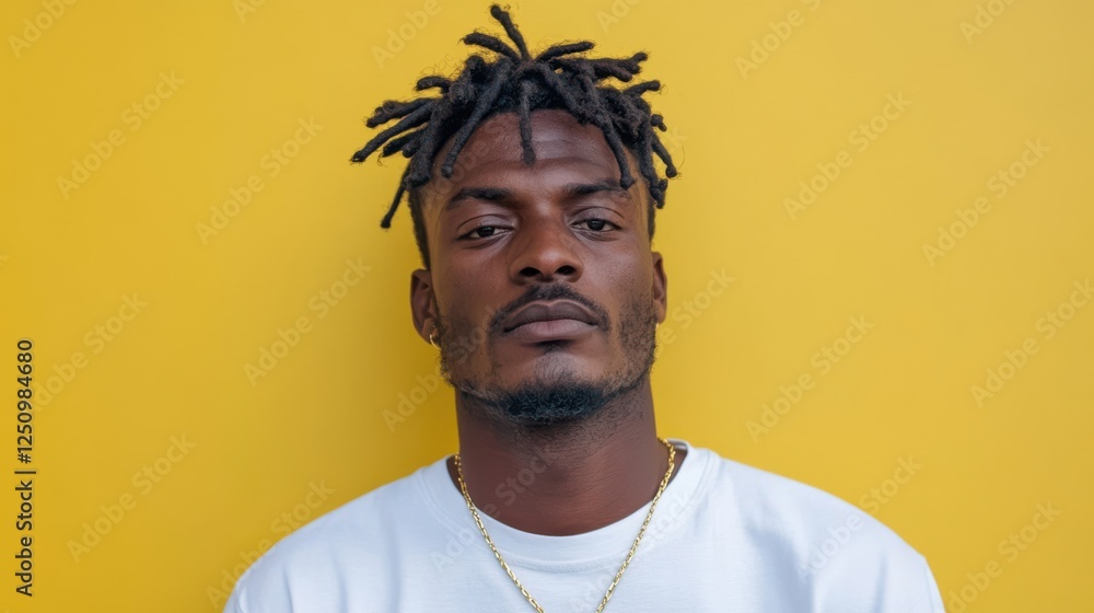 Obraz premium A confident individual stands against a vibrant yellow backdrop, wearing a white shirt and a thoughtful expression, exuding strength and style.