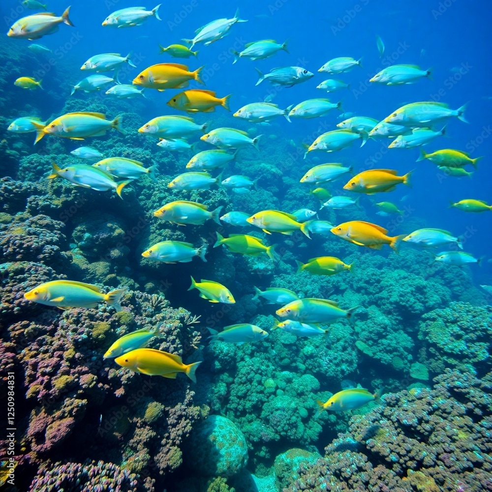High-resolution stock photo Diverse array of fish swimming through a lush underwater coral reef scene. Image features rich blues, greens, and coral hues. High-resolution stock photo Diverse array of fish swimming through a lush underwater coral reef scene. Image features rich blues, greens, and coral hues.