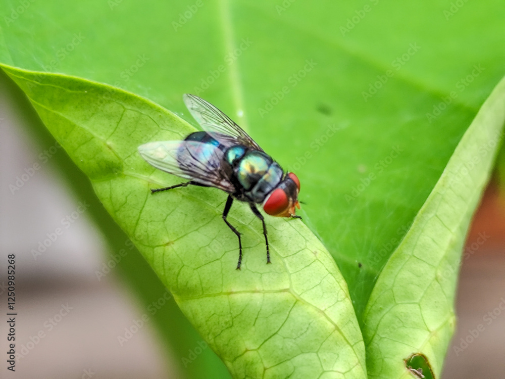 Flying insects with red eyes and thin wings perched on green leaves. This type is often seen flying in kitchens, cages and trash cans. Flying insects with red eyes and thin wings perched on green leaves. This type is often seen flying in kitchens, cages and trash cans.