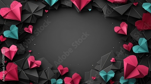 Colorful paper hearts in a black background with geometric shapes