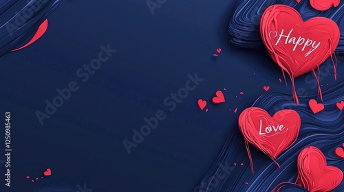 Vibrant Red Hearts with Happy Love Message on Dark Blue Background