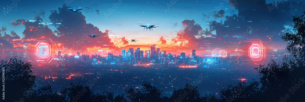 Cityscape_at_dusk_glows_with_neon_light_and_flying_drones_under_a_vibrant_sunset_sky. Cityscape_at_dusk_glows_with_neon_light_and_flying_drones_under_a_vibrant_sunset_sky.