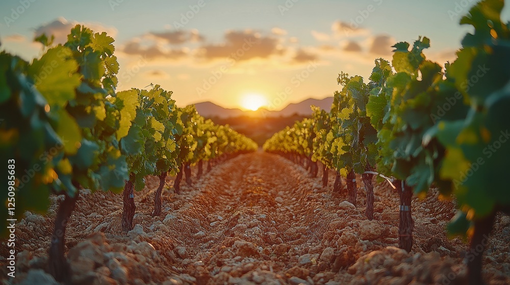 Fototapeta premium Vineyard Sunset Landscape, Rows of Grapevines at Dusk. Possible Use Stock Photo