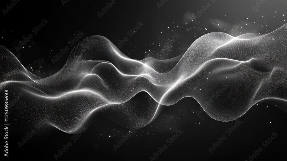 Abstract grey wave, dark background, glowing particles, design element Abstract grey wave, dark background, glowing particles, design element