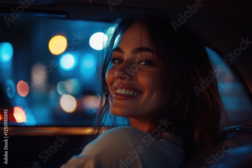 Wallpaper Mural A happy, relaxed woman enjoys a night drive while sitting in a car Torontodigital.ca