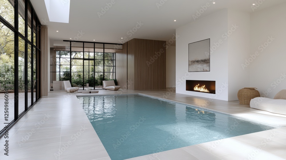 Fototapeta premium Minimalist courtyard with sleek pool and fireplace, offering serene modern luxury.
