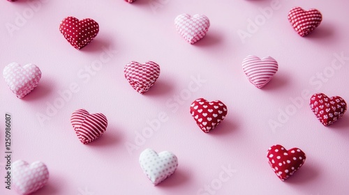 Colorful Fabric Hearts on Soft Pink Background for Creative Use