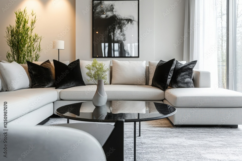 Fototapeta premium A modern living room with sleek furniture, dominated by shades of gray and white