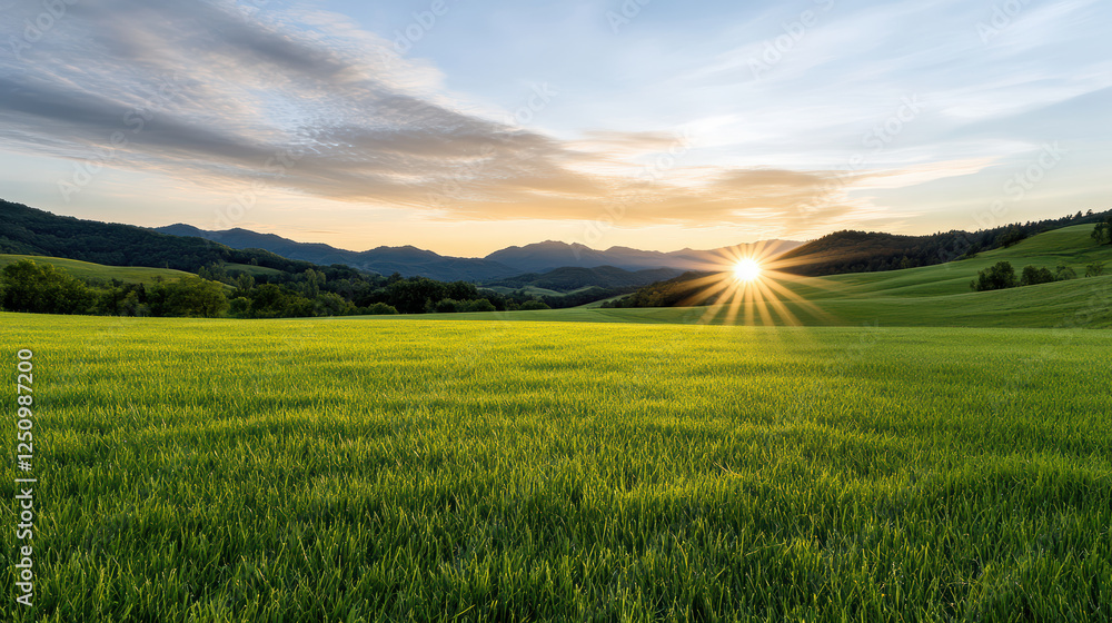 Obraz premium scenic countryside sunrise with rolling green hills and mountains