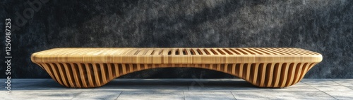 Discover the epitome of modern seating with this elegant wooden bench, showcasing a unique wave-like sculptural design The custom craftsmanship is evident in every detail, creating a harmonious blend photo