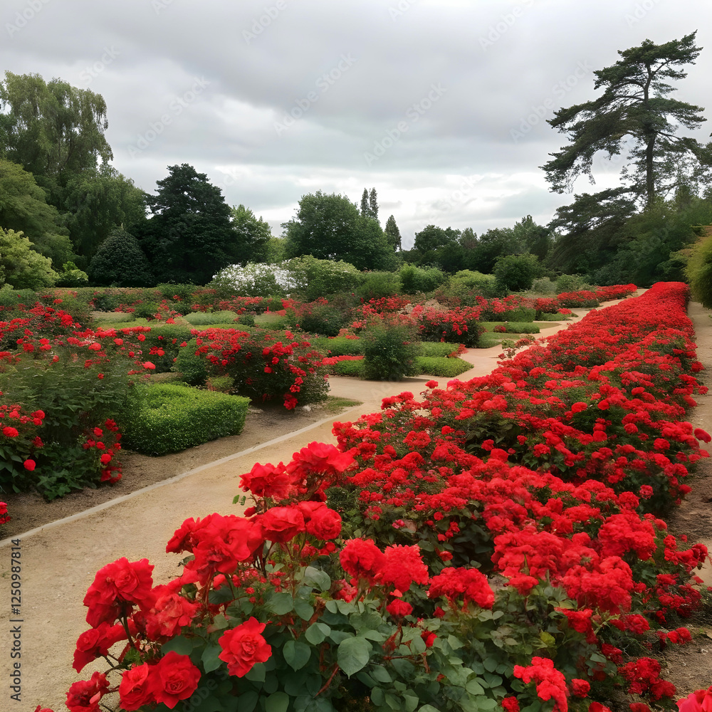 Obraz premium The garden is full of red flowers, creating a vibrant and stunning display of color.