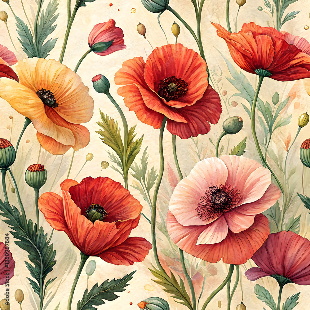 custom made wallpaper toronto digitalseamless pattern with watercolor poppy flowers and leaves