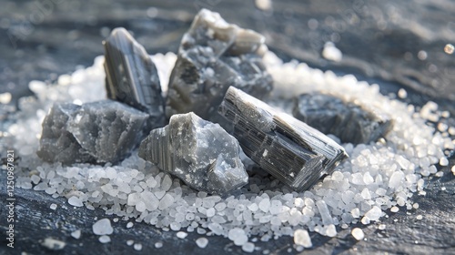 A collection of healing crystals is arranged on a surface with sea salt. Energy cleansing of natural hematite stones photo