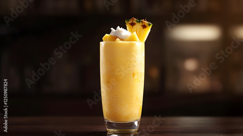 A tall glass of pineapple coconut smoothie, garnished with pineapple chunks and a coconut slice. photo