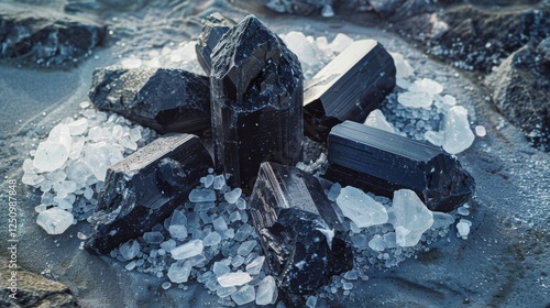 A cluster of hematite crystals surrounded by sea salt crystals on a stone surface. Energy cleansing of healing gemstone photo