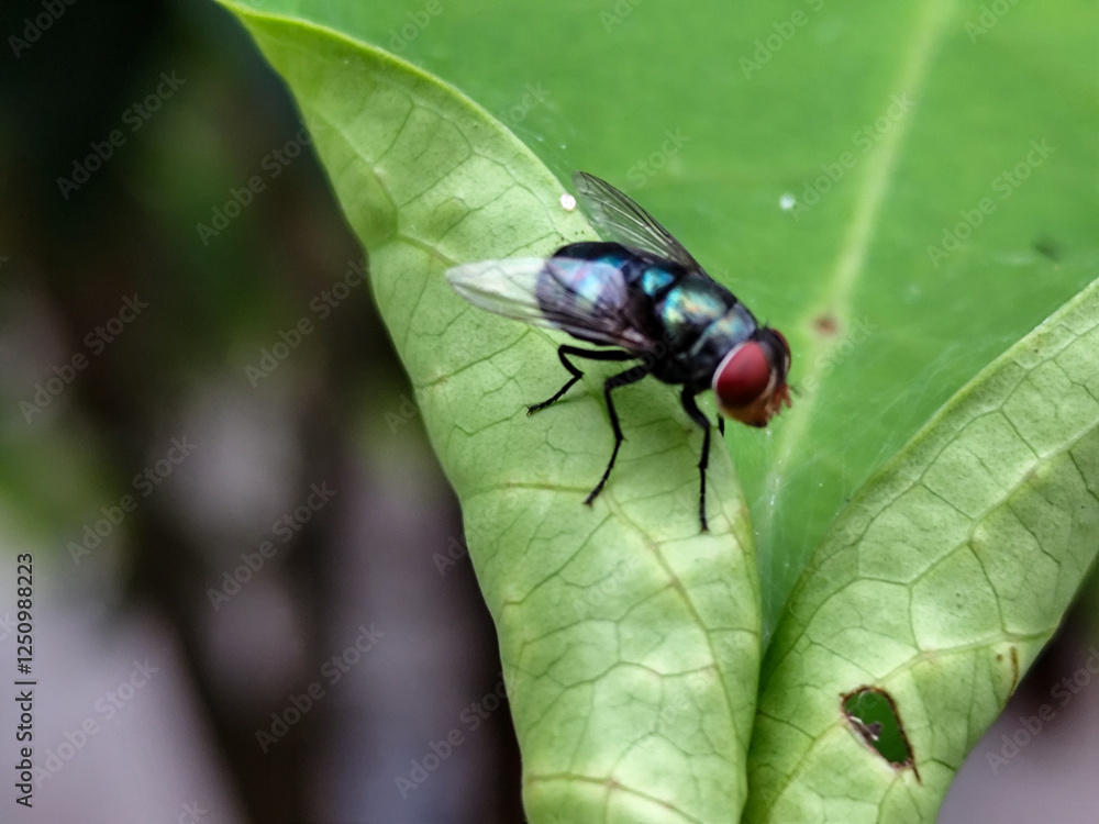 Flying insects with red eyes and thin wings perched on green leaves. This type is often seen flying in kitchens, cages and trash cans. Flying insects with red eyes and thin wings perched on green leaves. This type is often seen flying in kitchens, cages and trash cans.
