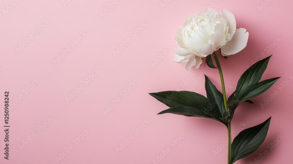 Fototapeta premium White peony flower on pink background, flat lay