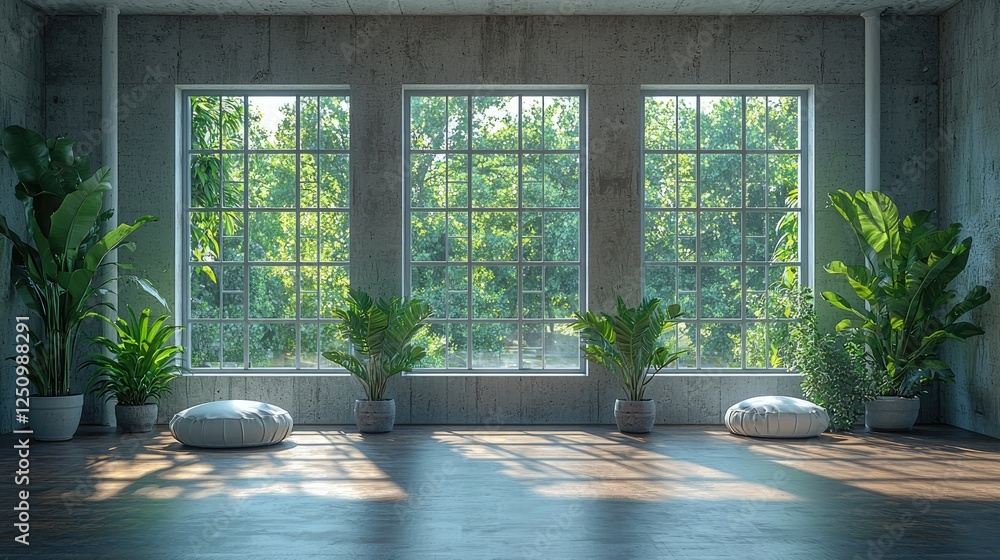 Serene Yoga Studio With Large Windows and Lush Plants Serene Yoga Studio With Large Windows and Lush Plants