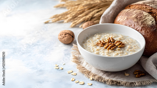 Natural style, oatmeal topped with crumbled walnuts in white bowl with bread and grain, empty copy space,  300dpi, 3d