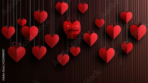 Red Hanging Hearts and Gift Box on Dark Wooden Background