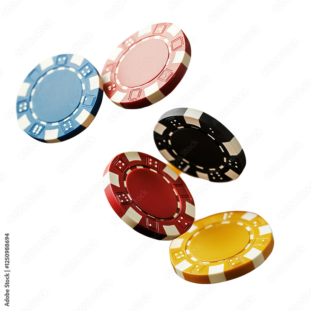Colorful Casino Chips Falling in Mid-Air, Isolated on White Background Colorful Casino Chips Falling in Mid-Air, Isolated on White Background