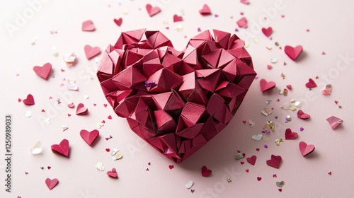 Beautiful Red Origami Heart Surrounded by Colorful Heart Confetti