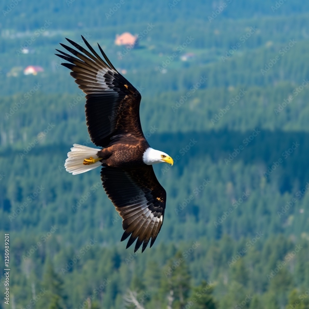 High-resolution stock photo of a bald eagle soaring high above a dense forest, commercial use, professional quality, vibrant colors, wide-angle shot showing the eagle in its expansive environment High-resolution stock photo of a bald eagle soaring high above a dense forest, commercial use, professional quality, vibrant colors, wide-angle shot showing the eagle in its expansive environment