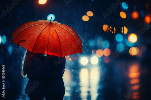 Wallpaper Mural Couple sharing red umbrella and embracing in the rain at night Torontodigital.ca