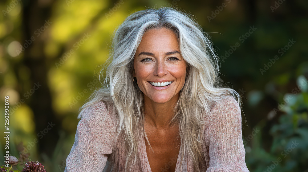 Smiling woman with long, wavy hair in natural outdoor setting, radiating joy Smiling woman with long, wavy hair in natural outdoor setting, radiating joy