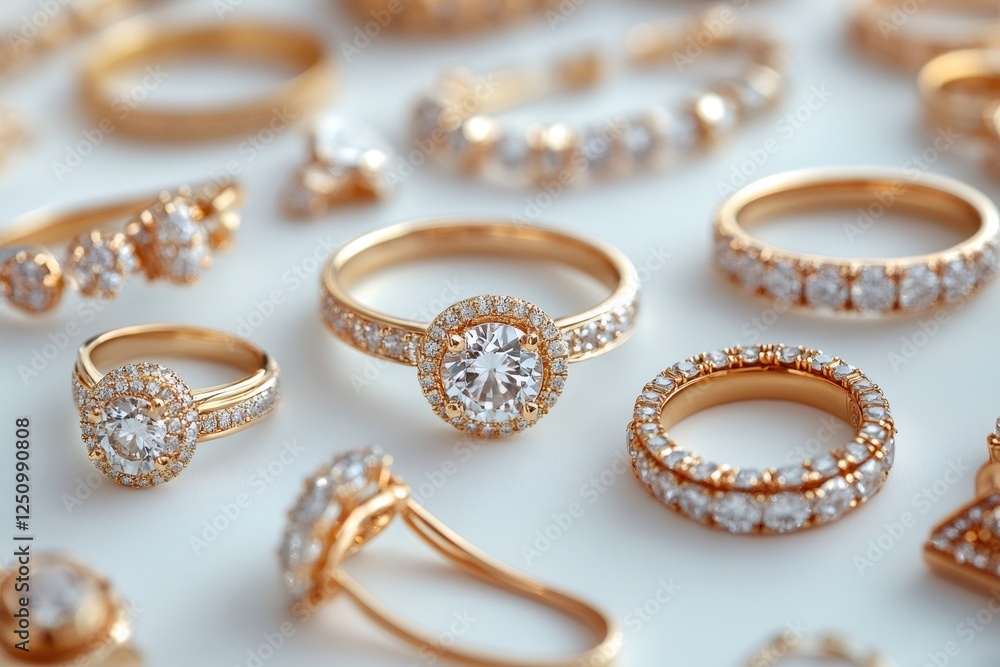 Golden diamond rings sparkling on white background Golden diamond rings sparkling on white background