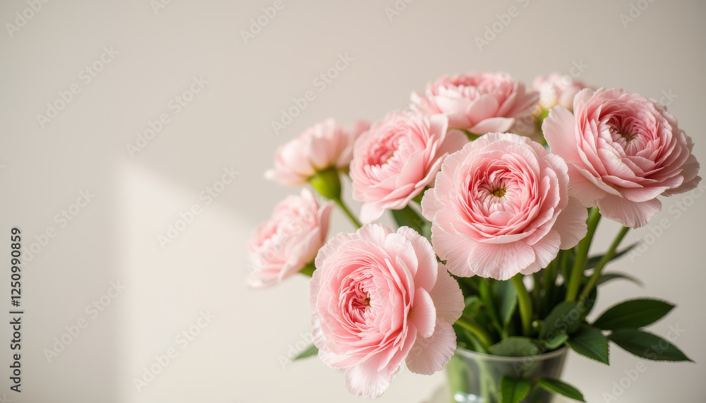 Bouquet of pastel pink carnations on decorated table, Mother's Day celebration Bouquet of pastel pink carnations on decorated table, Mother's Day celebration