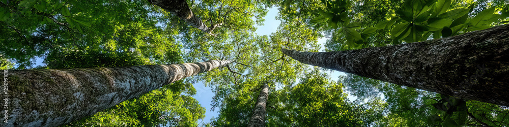 Fototapeta premium Low-Angle View of Multiple Tall Trees with Green Canopy