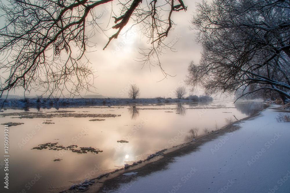 Piękno śnieznej i mroznej zimy w Dolinie Narwi i Biebrzy - Podlasie, Polska