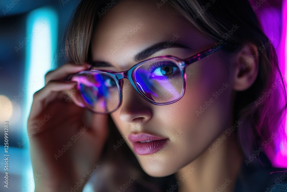 A businesswoman adjusting her glasses while looking at a screen, with a combination of subtle purples and blacks in the background A businesswoman adjusting her glasses while looking at a screen, with a combination of subtle purples and blacks in the background