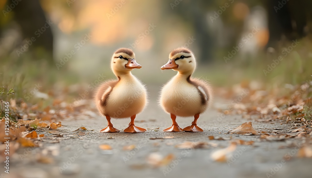 Two Adorable Ducklings Facing Each Other on a Path Two Adorable Ducklings Facing Each Other on a Path