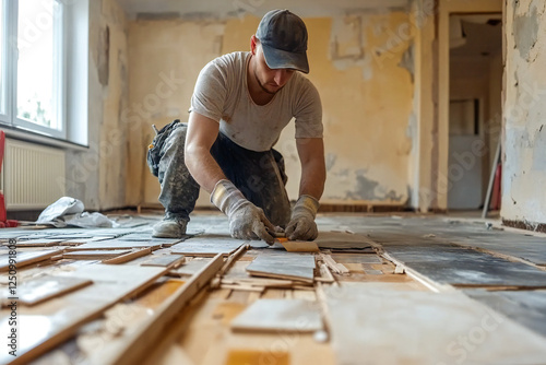 Internal repair of an apartment. A worker is laying tiles or parquet on the floor photo