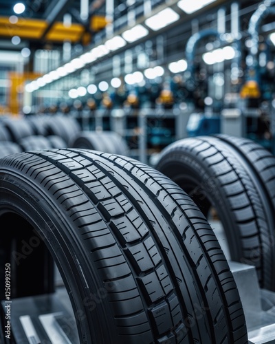 Close up of new car tires in a factory