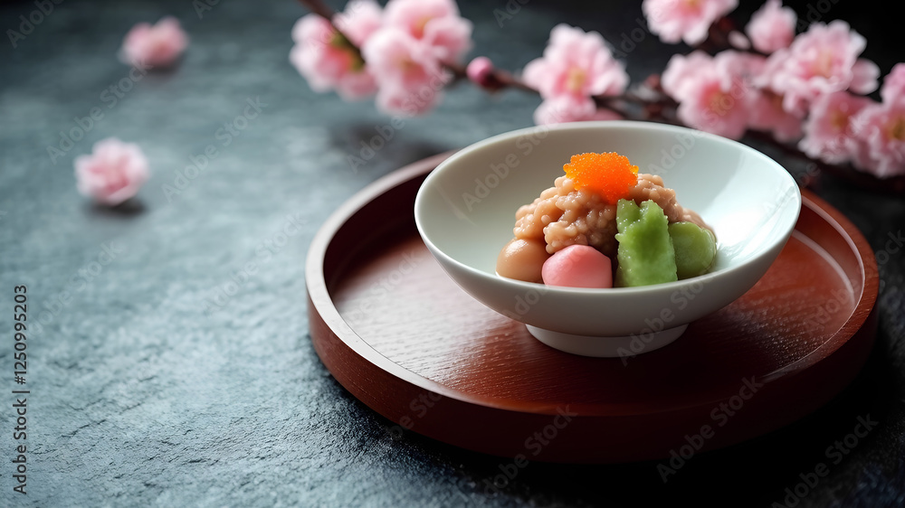 Japanese Zen style, delicate appetizer in white bowl, such as sashimi, natto, etc. with light pink cherry blossom decoration, sit on wooden tray, 300dpi, 3d, empty copy space Japanese Zen style, delicate appetizer in white bowl, such as sashimi, natto, etc. with light pink cherry blossom decoration, sit on wooden tray, 300dpi, 3d, empty copy space