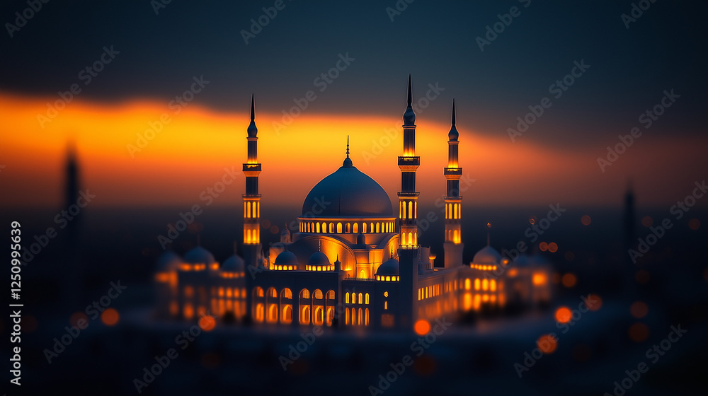 Obraz premium Majestätische Moschee bei Sonnenuntergang in ruhiger Landschaft