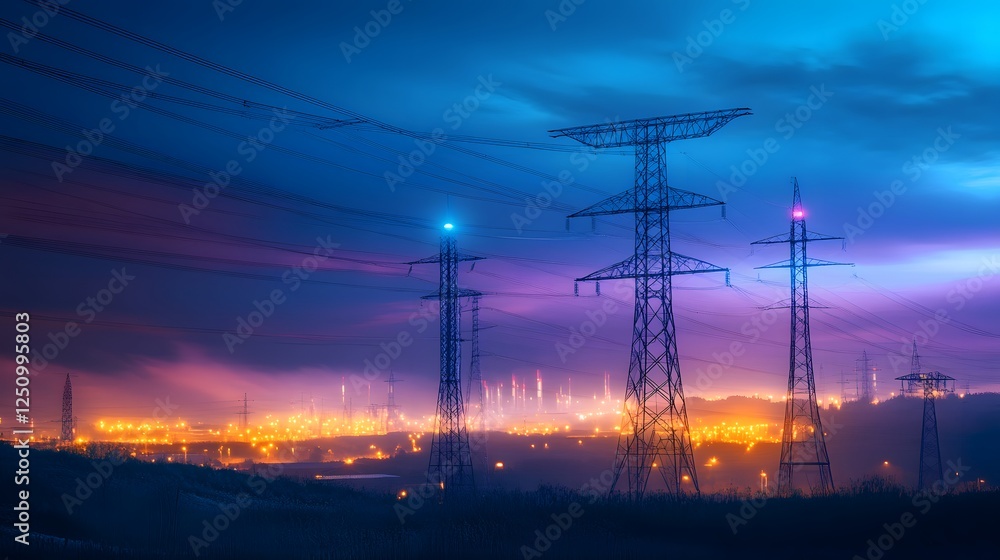 Fototapeta premium A beautiful blue sky with a few clouds and a few power lines. The power lines are lit up with blue lights