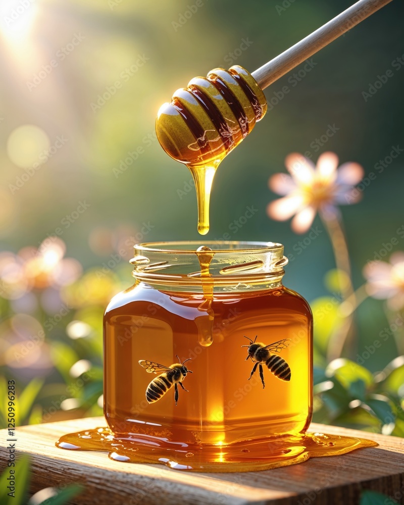 Honey Harvest: Bees and Golden Honey in Jar Outdoors Honey Harvest: Bees and Golden Honey in Jar Outdoors