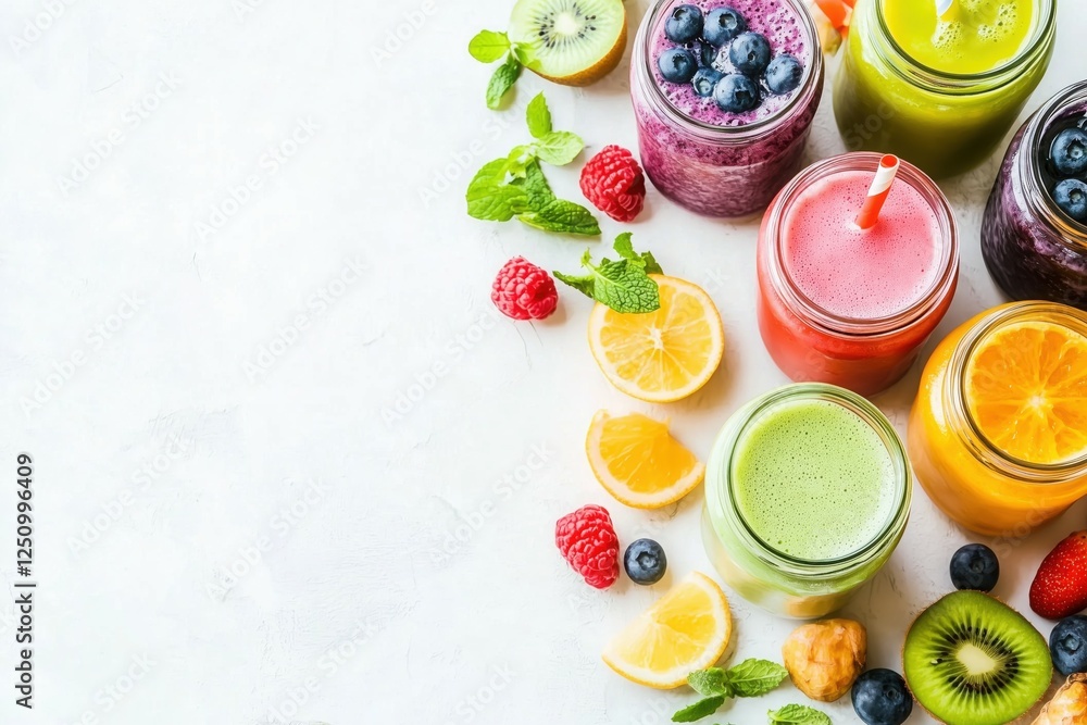 Assortment of various healthy smoothies, top down flat lay high angle shot on a white background, with copy space for text to the side. Assortment of various healthy smoothies, top down flat lay high angle shot on a white background, with copy space for text to the side.
