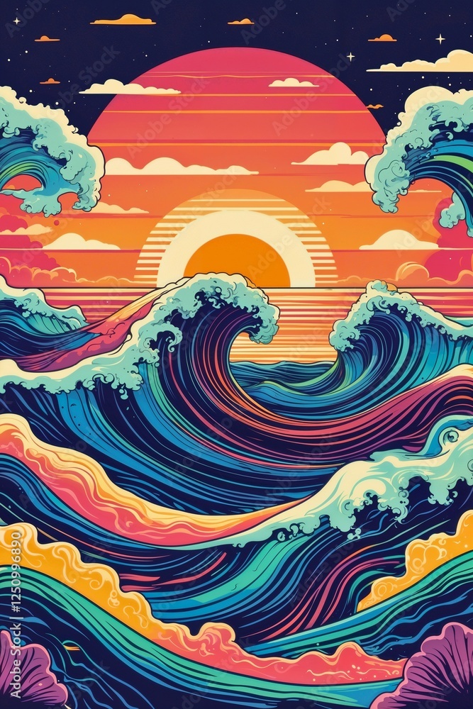 Groovy Sunset Waves - Psychedelic Retro Art. Groovy Sunset Waves - Psychedelic Retro Art.