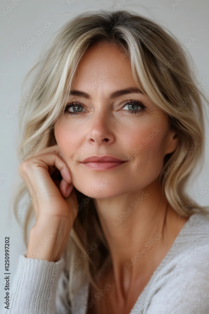 Elegant mature woman posing with a thoughtful gaze Elegant mature woman posing with a thoughtful gaze