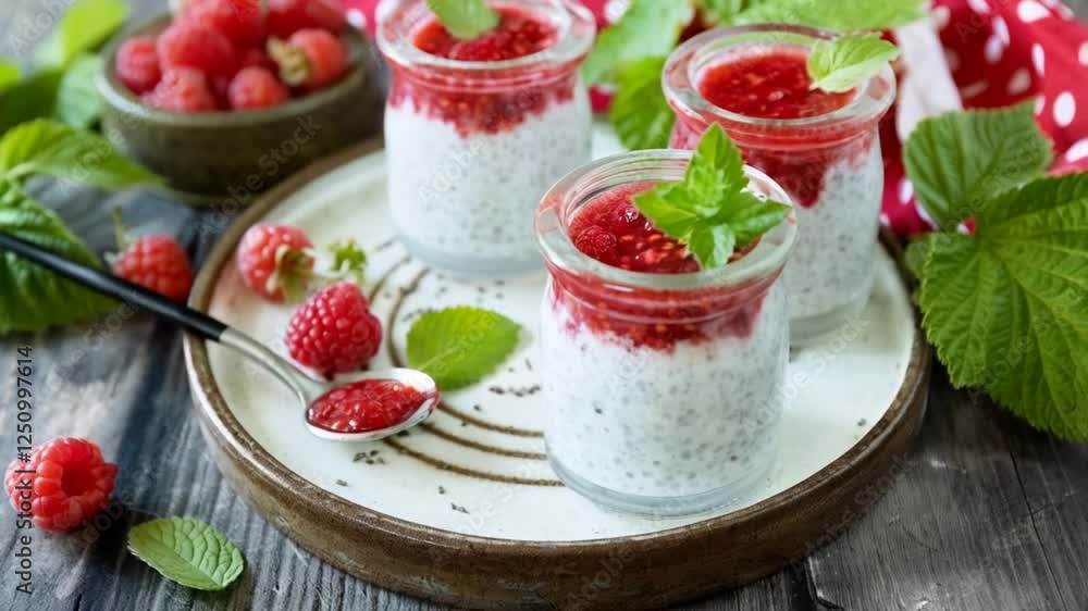 Tasty jar desserts with fresh raspberries, mint, and chia pudding on wooden table setting Tasty jar desserts with fresh raspberries, mint, and chia pudding on wooden table setting