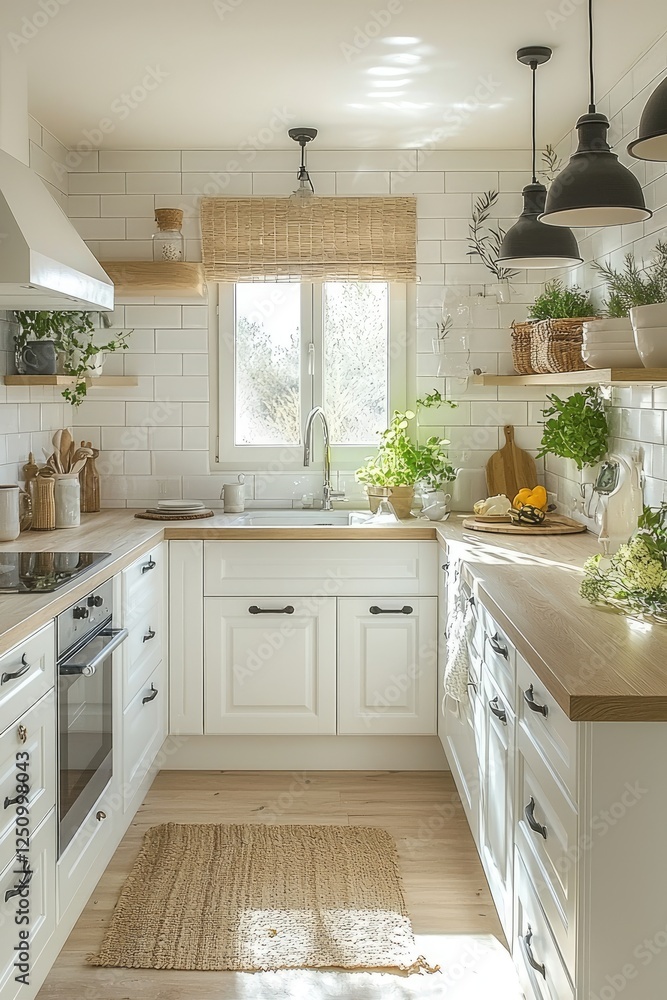 Fototapeta premium Bright White Kitchen With Wooden Accents And Plants
